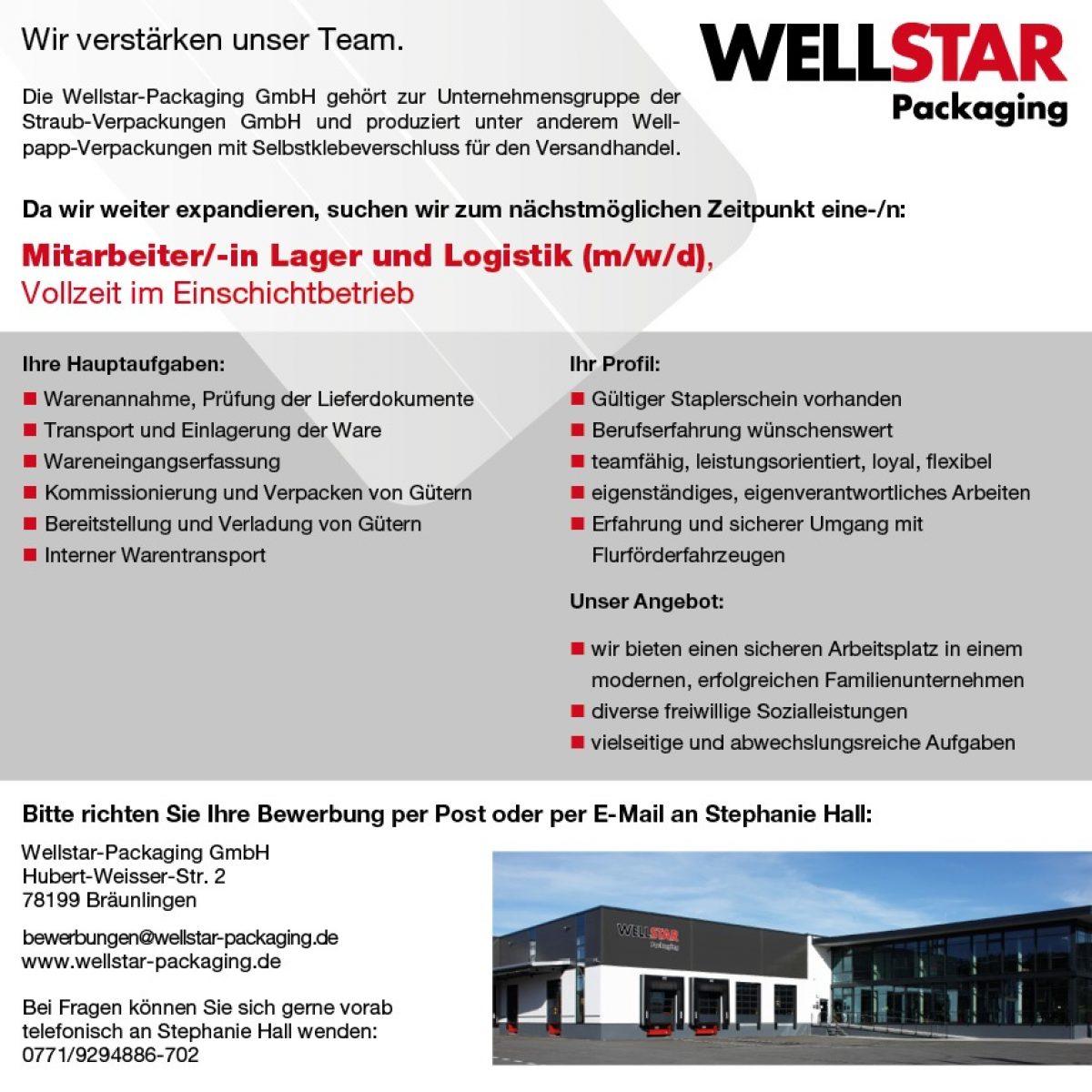 Stellenanzeige Mitarbeiter Lager Logistik