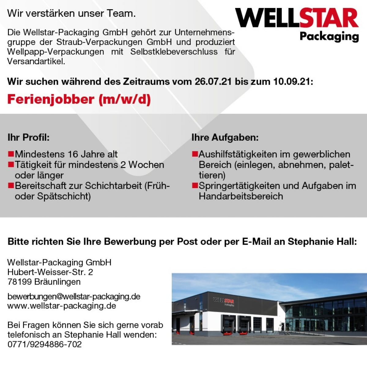 Stellenanzeige Ferienjobber