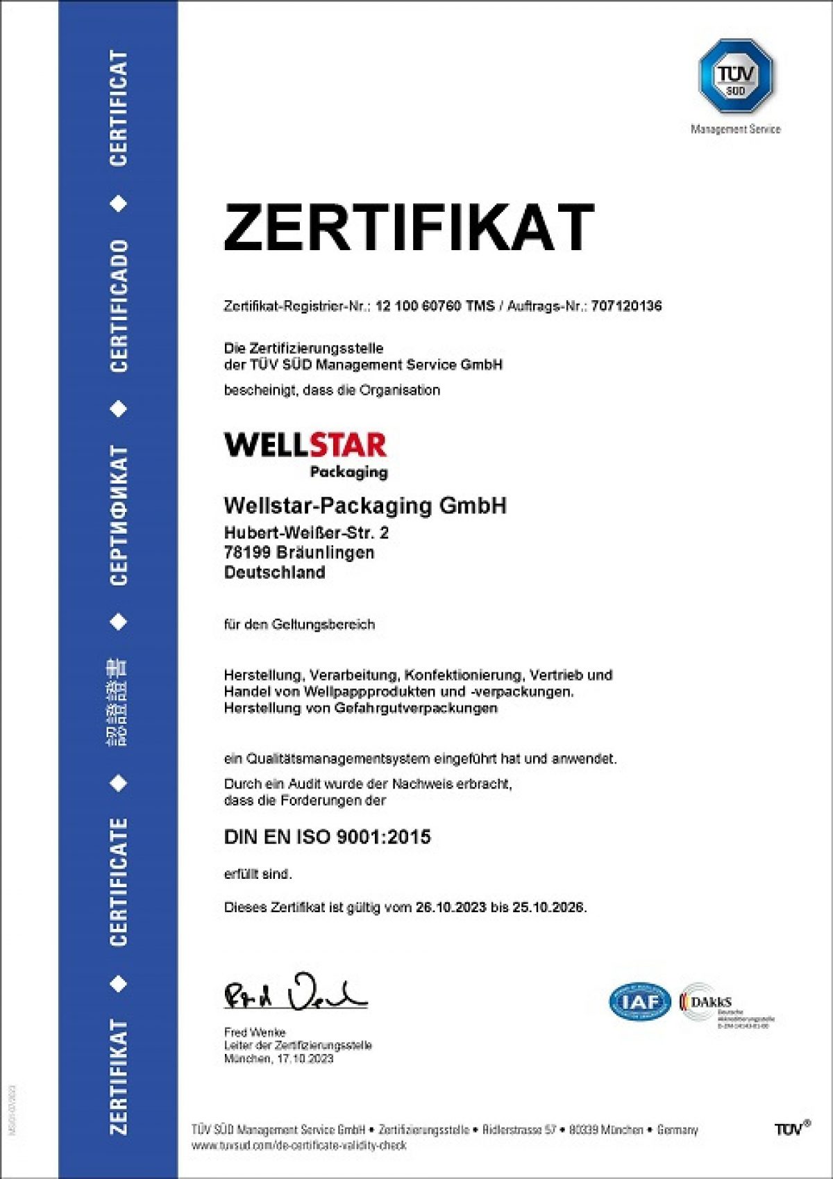 Zertifikat TÜV Wellstar Packaging ISO9001 de WEB